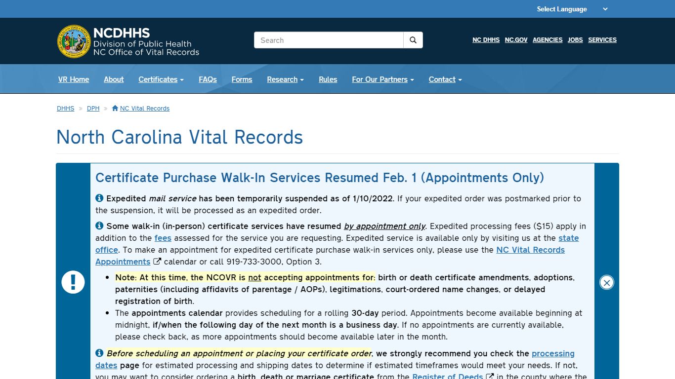 NCDHHS: DPH: NC Vital Records Home